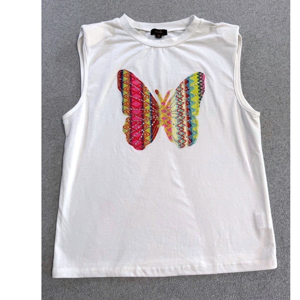 Embroidered Butterfly Tank Top Womens Small Boho Festival Sleeveless Graphic Tee